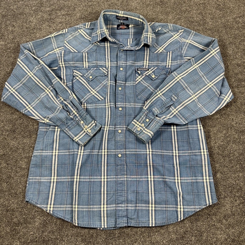 Dickies Shirt Mens Large Blue Plaid Pearl Snap Western Long Sleeve Workwear